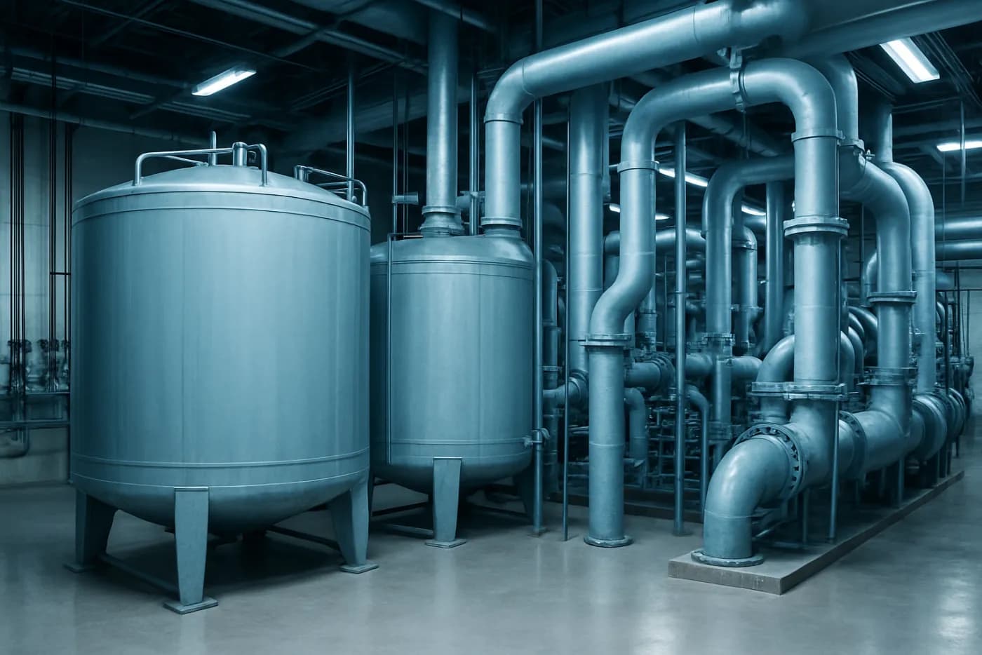 Calcium chloride brine tanks in an industrial refrigeration plant, Canada