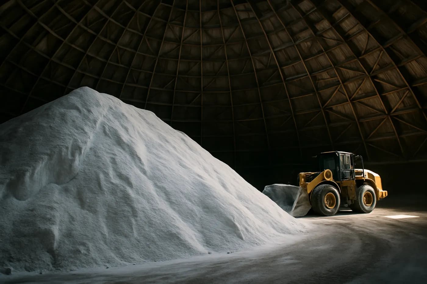 Bulk chloride stored at a covered salt depot, Canada