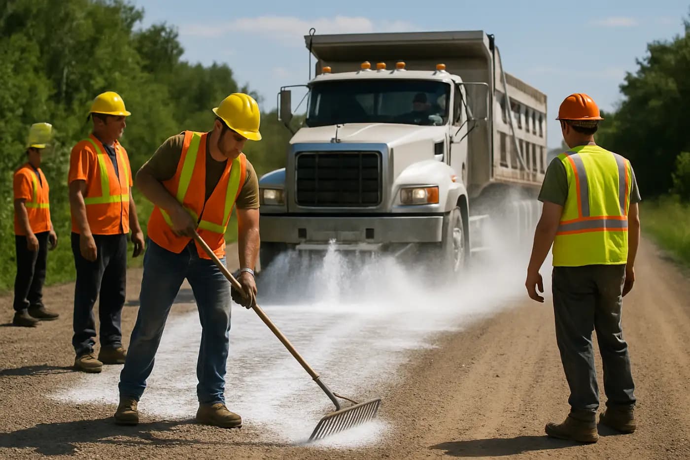 Road maintenance crew applying chloride de-icer, Canada