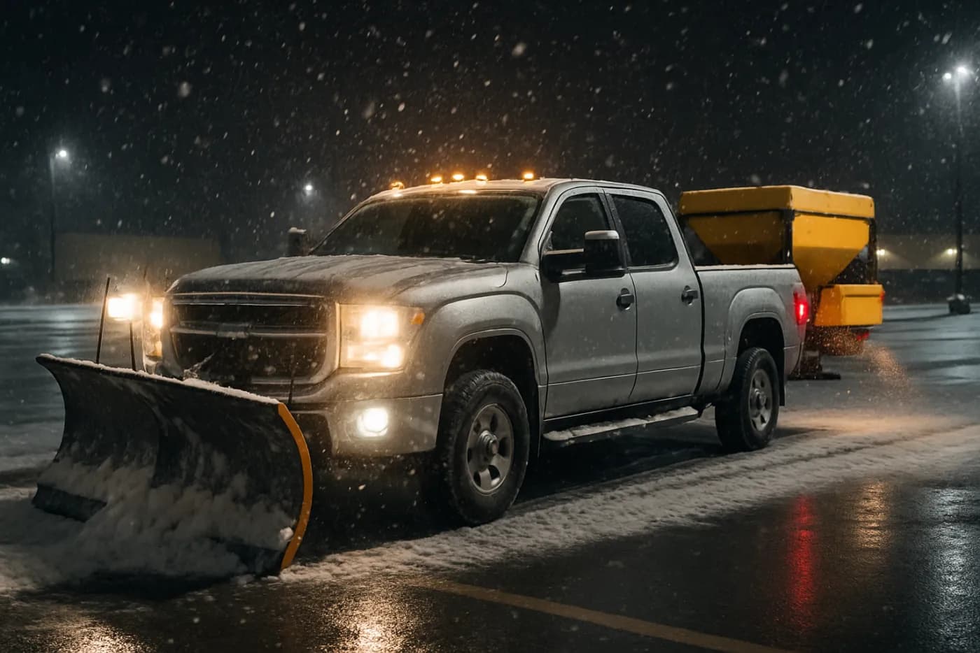Snow and ice contractor de-icing a commercial lot, Canada