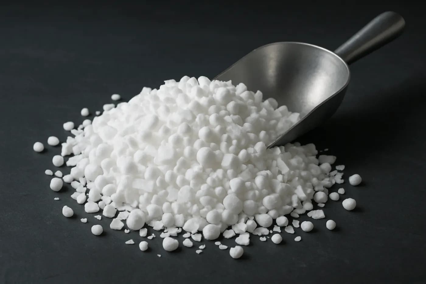 Calcium chloride flake held in cupped hands above a supply bag, Canada